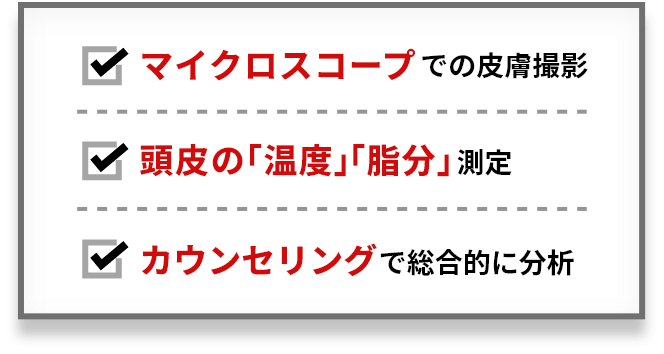 マイクロスコープpでの皮膚撮影・頭皮の「温度」「脂分」測定・カウンセリングで総合的に分析